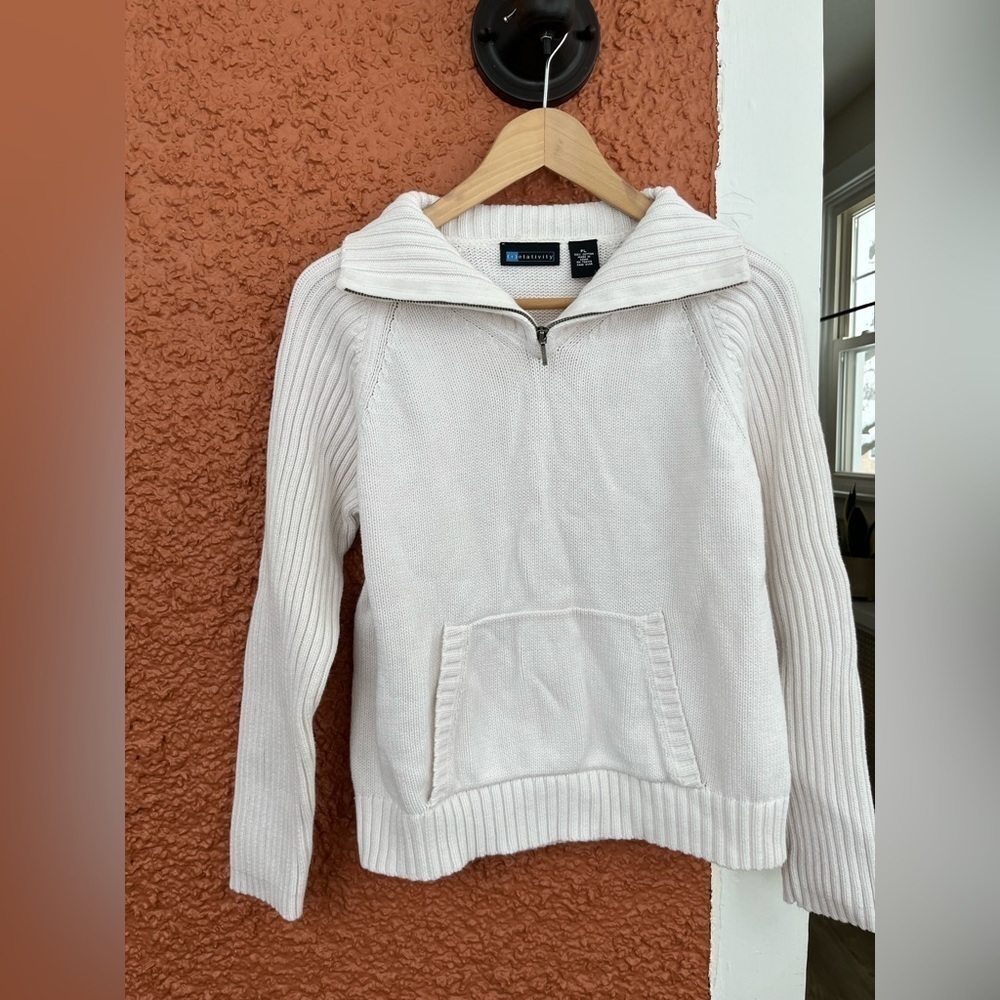 1/4 Zip Cream Sweater- 100% Cotton. Petite Large
